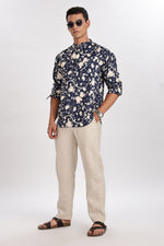 Floral blue Linen Kurta