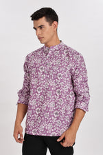 Pink Kurta-Floral Pink Mandarin Collar