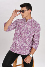 Pink Kurta-Floral Pink Mandarin Collar